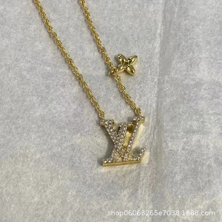 High new pearl letter full diamond V necklace simple flower clavicle chain wholesale image 4