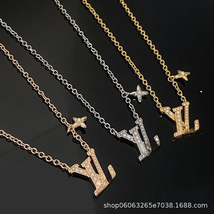 High new pearl letter full diamond V necklace simple flower clavicle chain wholesale image 5