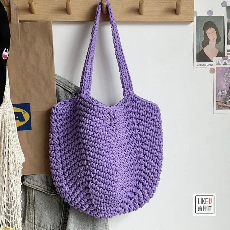 Hand-woven Korean style lazy style hand-held shoulder bag forest solid color hand-woven cotton rope hollow bag bucket XF image 4