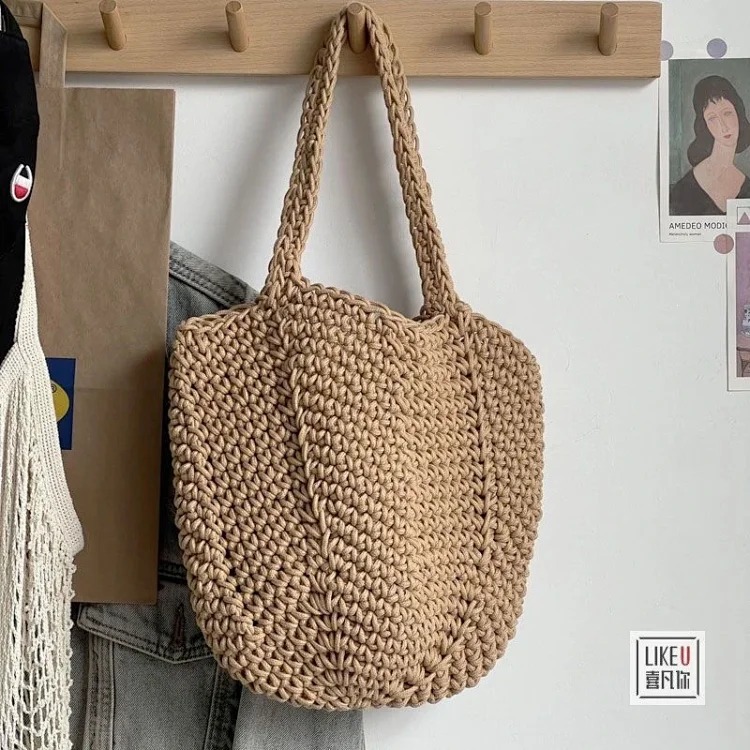Hand-woven Korean style lazy style hand-held shoulder bag forest solid color hand-woven cotton rope hollow bag bucket XF image 5