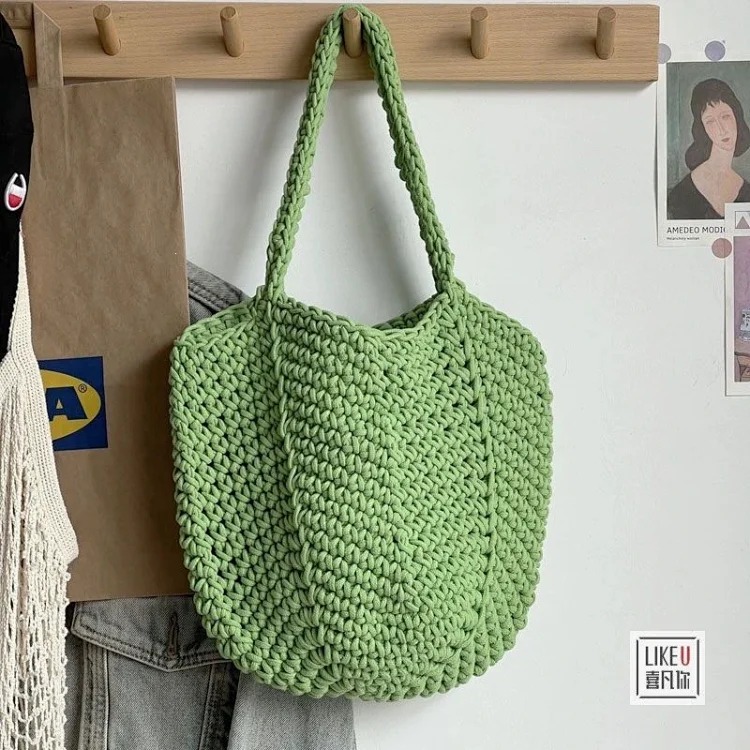 Hand-woven Korean style lazy style hand-held shoulder bag forest solid color hand-woven cotton rope hollow bag bucket XF image 6