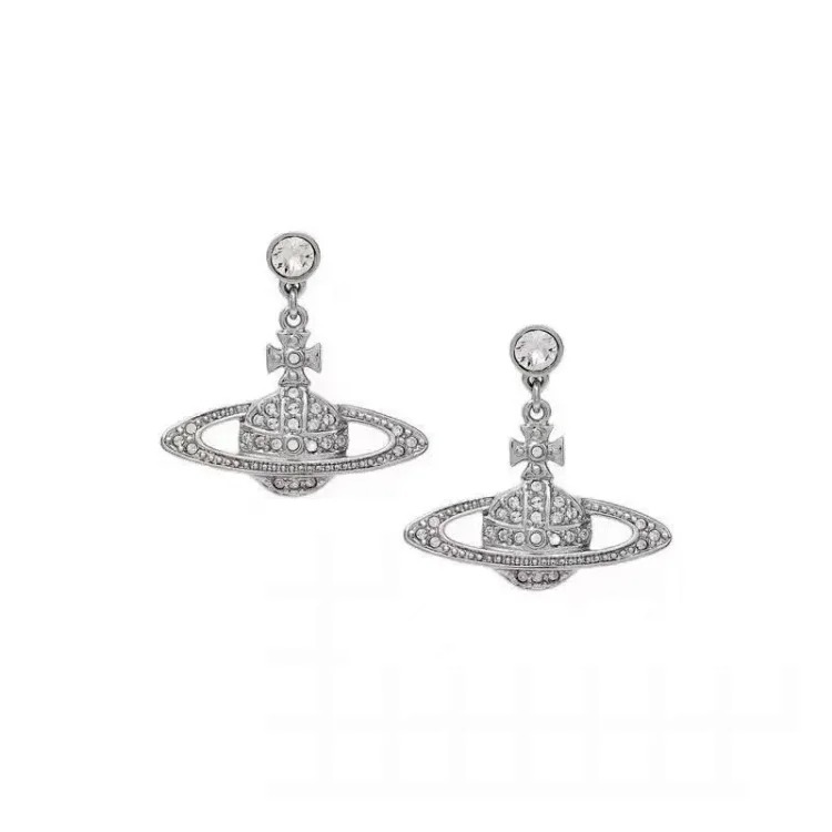 New Queen Mother West high flat full diamond earrings for women niche light luxury design high appearance and versatile temperament