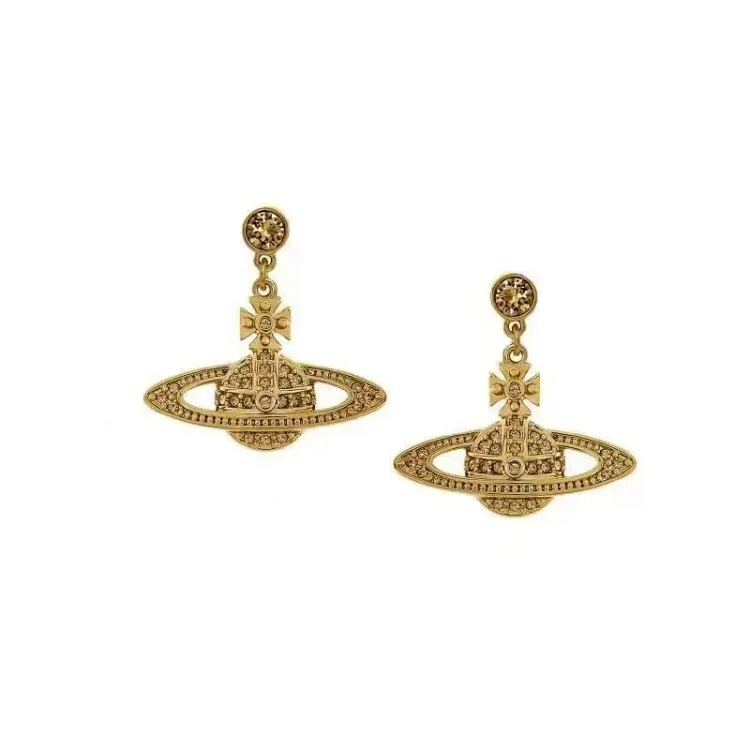 New Queen Mother West high flat full diamond earrings for women niche light luxury design high appearance and versatile temperament
