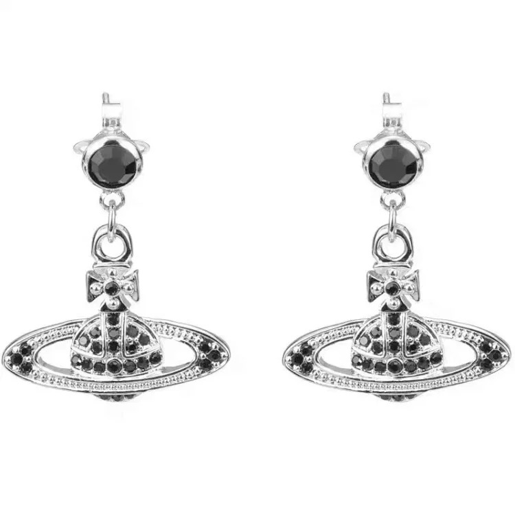 New Queen Mother West high flat full diamond earrings for women niche light luxury design high appearance and versatile temperament