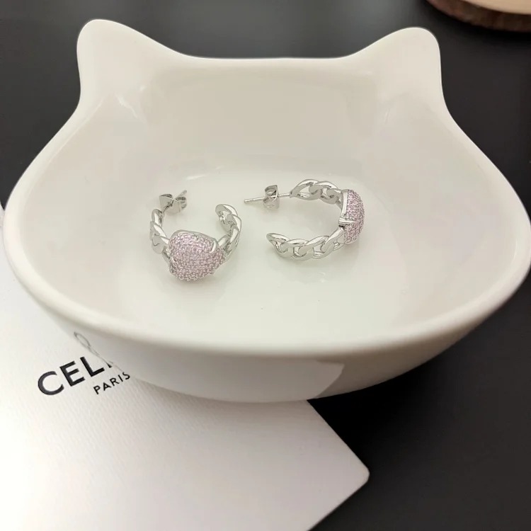 celi Arc de Triomphe full-set pink diamond peach heart female ring, French light luxury pastoral style earrings, small fragrant style color matching earrings