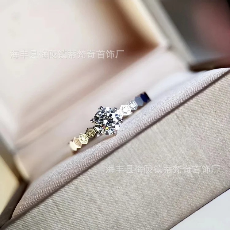 925 sterling silver CNC carved high honeycomb ring for women 18K rose gold six diamonds stacked full diamond couple ring