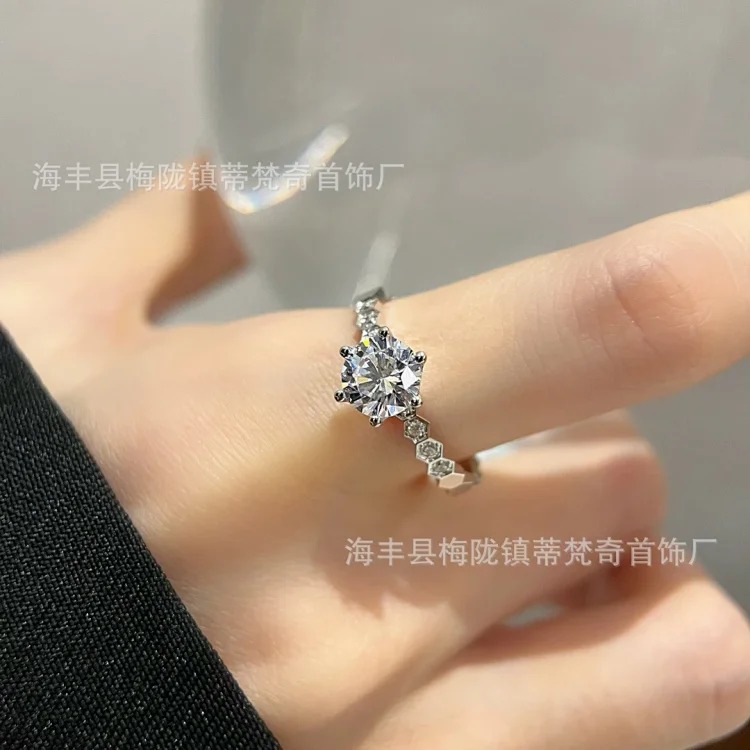 925 sterling silver CNC carved high honeycomb ring for women 18K rose gold six diamonds stacked full diamond couple ring