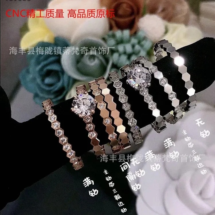 925 sterling silver CNC carved high honeycomb ring for women 18K rose gold six diamonds stacked full diamond couple ring