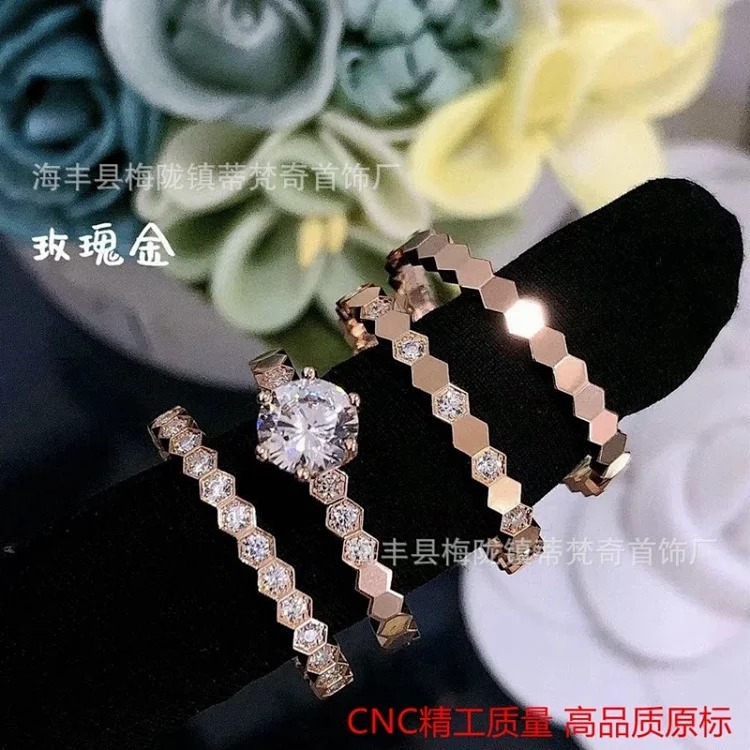 925 sterling silver CNC carved high honeycomb ring for women 18K rose gold six diamonds stacked full diamond couple ring