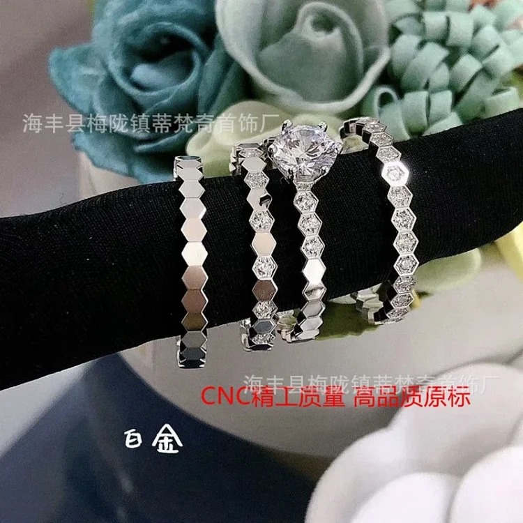 925 sterling silver CNC carved high honeycomb ring for women 18K rose gold six diamonds stacked full diamond couple ring
