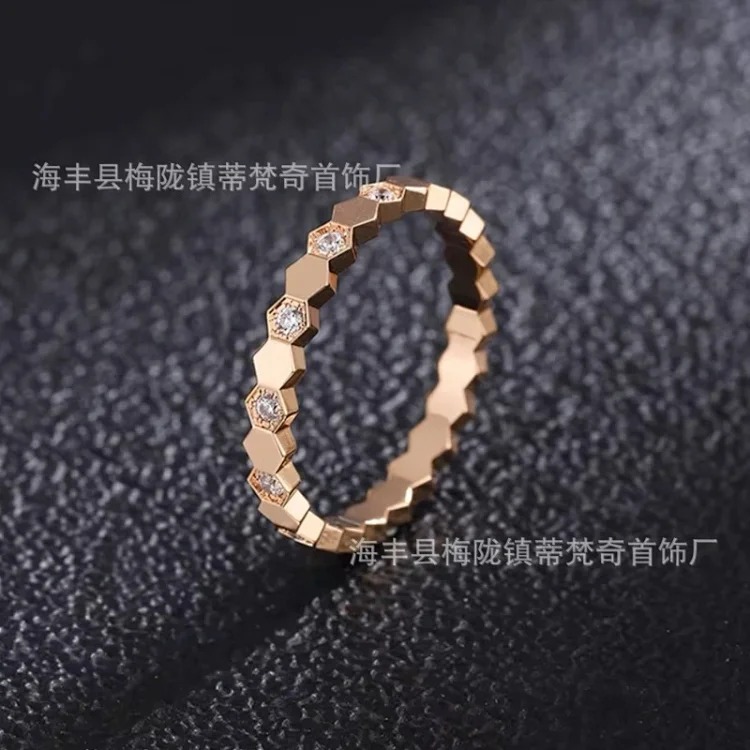 925 sterling silver CNC carved high honeycomb ring for women 18K rose gold six diamonds stacked full diamond couple ring