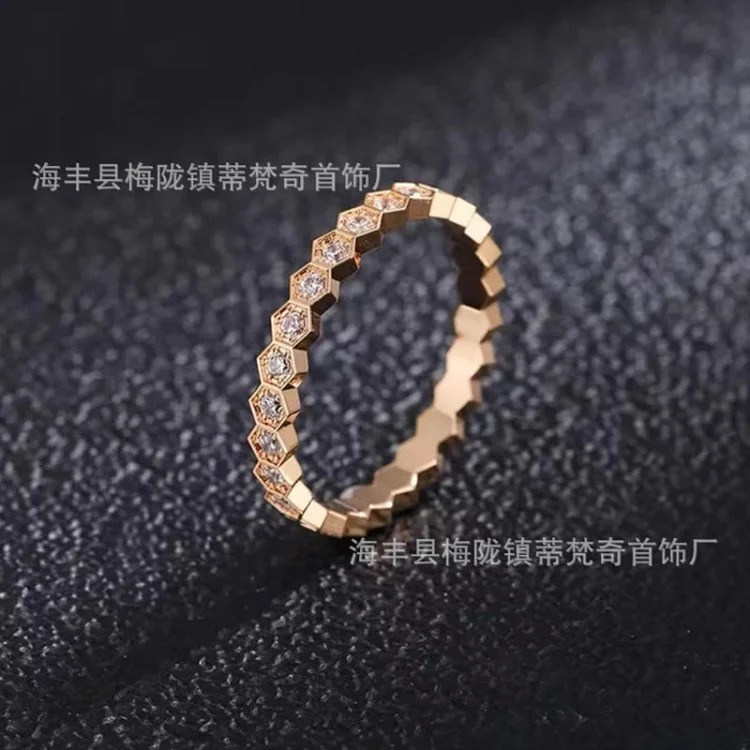 925 sterling silver CNC carved high honeycomb ring for women 18K rose gold six diamonds stacked full diamond couple ring