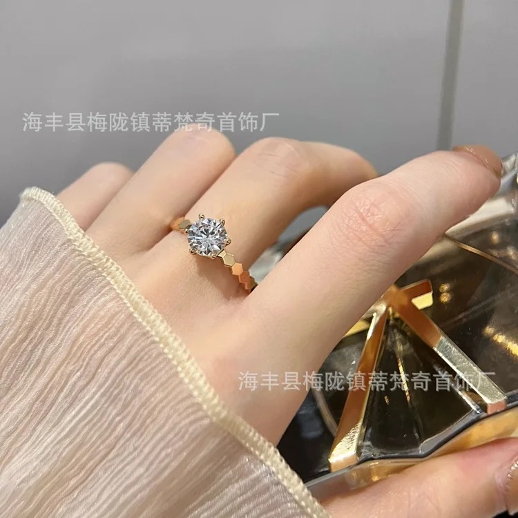 925 sterling silver CNC carved high honeycomb ring for women 18K rose gold six diamonds stacked full diamond couple ring