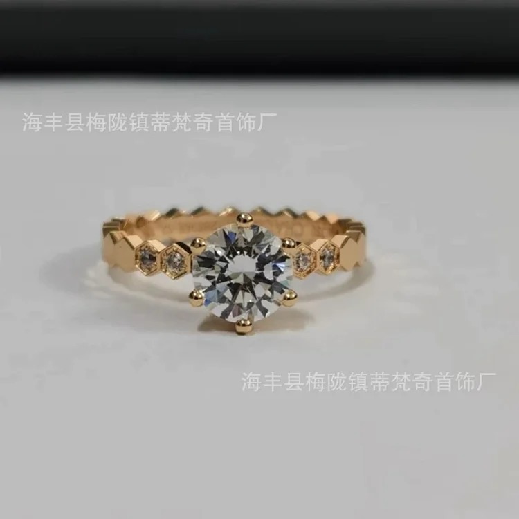 925 sterling silver CNC carved high honeycomb ring for women 18K rose gold six diamonds stacked full diamond couple ring