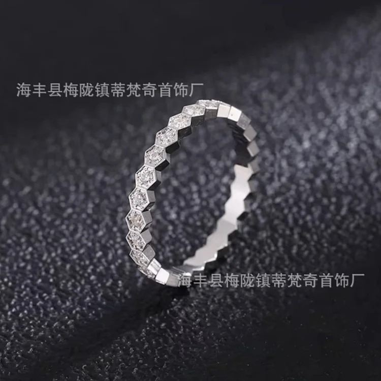 925 sterling silver CNC carved high honeycomb ring for women 18K rose gold six diamonds stacked full diamond couple ring
