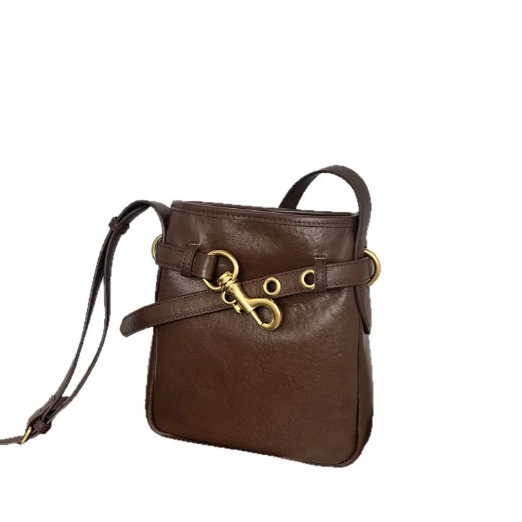 Miaojia's new vegetable tanned cowhide mobile phone bag, fashionable mini shoulder crossbody bag, lock buckle small square bag, retro lucky bag bag