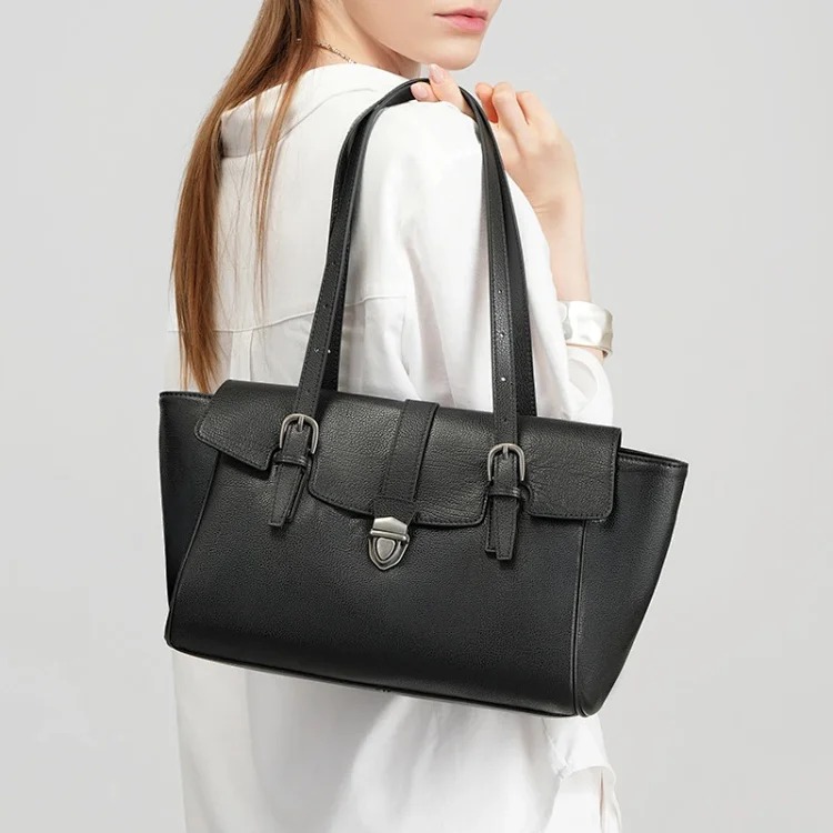 Briefcase black new niche women's handbag tote genuine leather high-end large-capacity commuter shoulder bag
