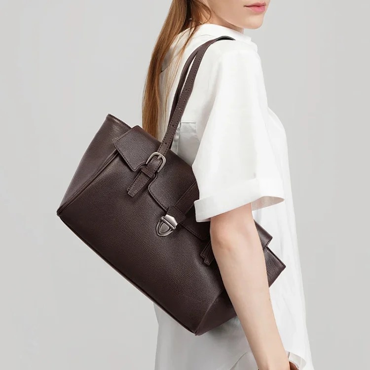 Briefcase black new niche women's handbag tote genuine leather high-end large-capacity commuter shoulder bag