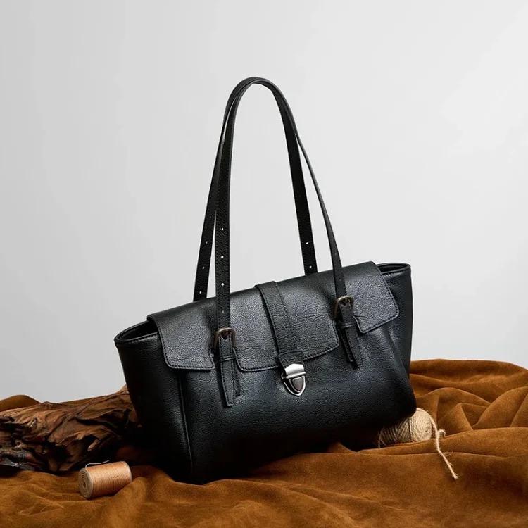 Briefcase black new niche women's handbag tote genuine leather high-end large-capacity commuter shoulder bag