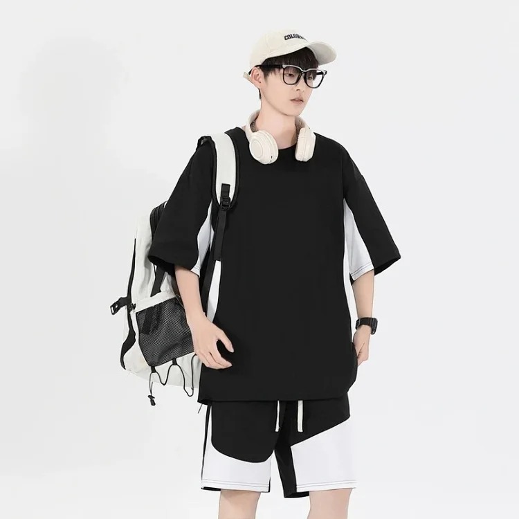Summer loose short-sleeved men's T-shirt men's sports and leisure suit men's light luxury high-end handsome two-piece set