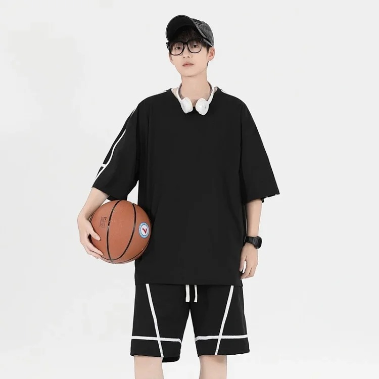 Summer loose short-sleeved men's T-shirt men's sports and leisure suit men's light luxury high-end handsome two-piece set