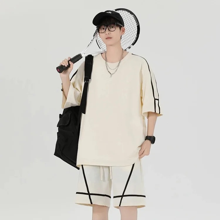 Summer loose short-sleeved men's T-shirt men's sports and leisure suit men's light luxury high-end handsome two-piece set