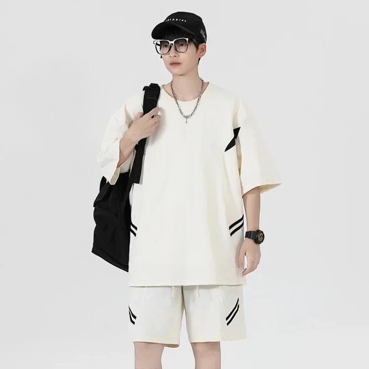 Summer loose short-sleeved men's T-shirt men's sports and leisure suit men's light luxury high-end handsome two-piece set