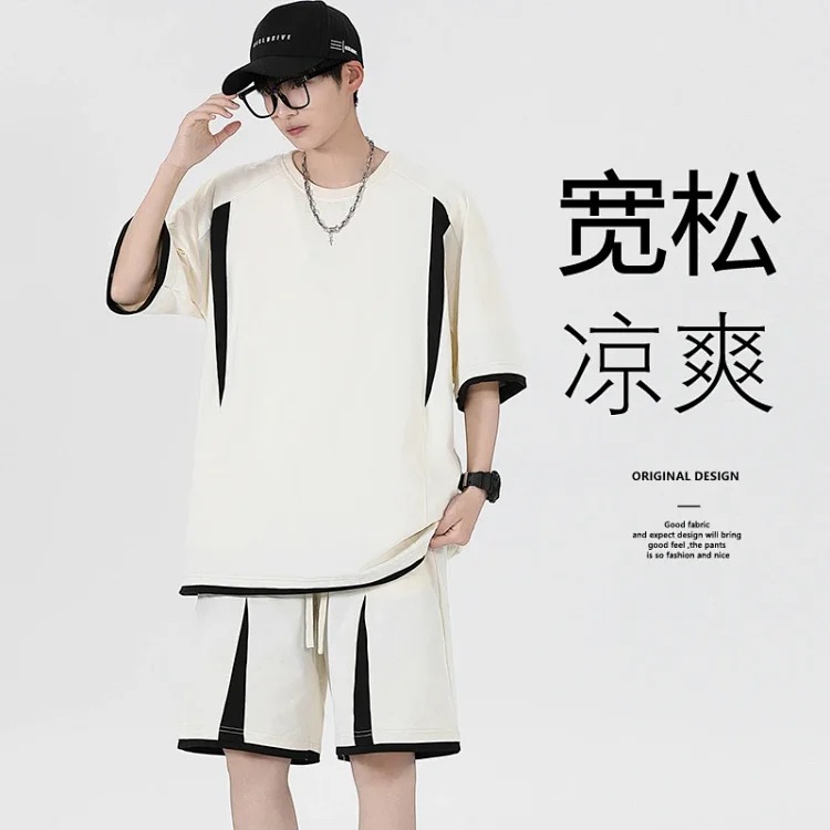 Summer loose short-sleeved men's T-shirt men's sports and leisure suit men's light luxury high-end handsome two-piece set