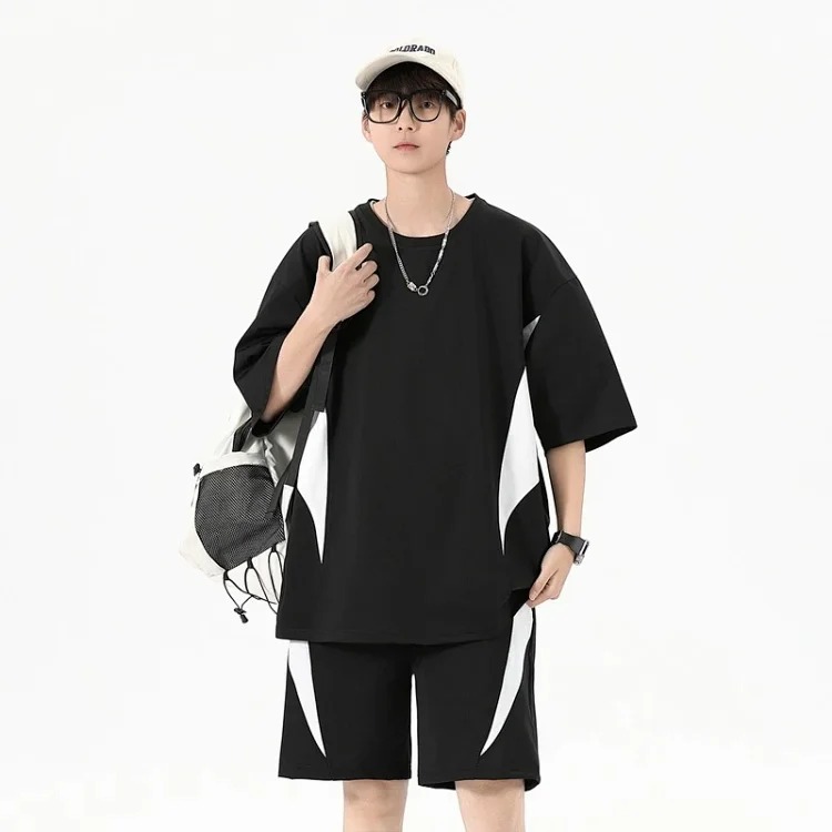 Summer loose short-sleeved men's T-shirt men's sports and leisure suit men's light luxury high-end handsome two-piece set