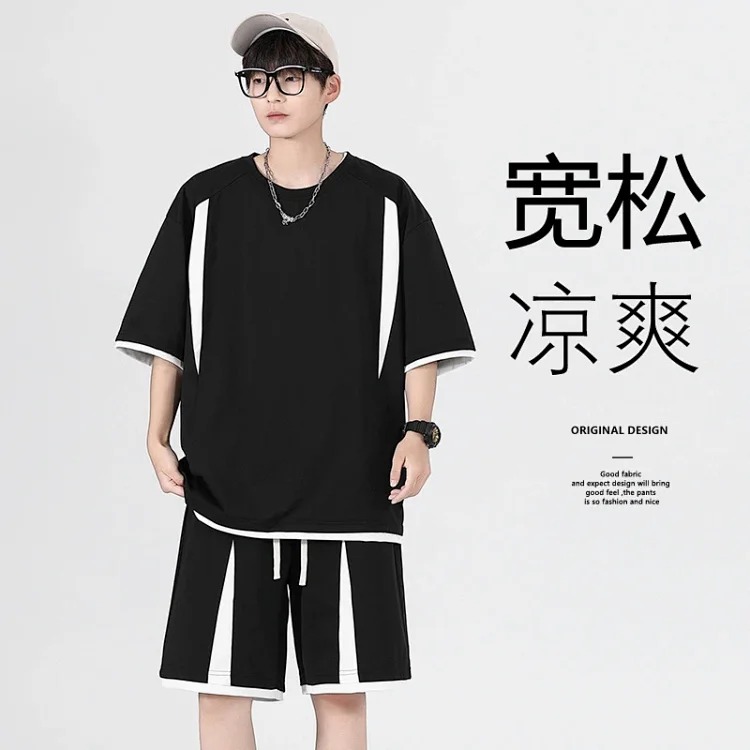 Summer loose short-sleeved men's T-shirt men's sports and leisure suit men's light luxury high-end handsome two-piece set