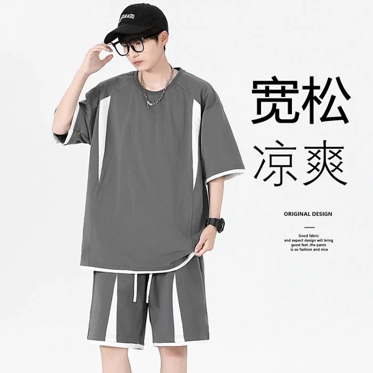 Summer loose short-sleeved men's T-shirt men's sports and leisure suit men's light luxury high-end handsome two-piece set