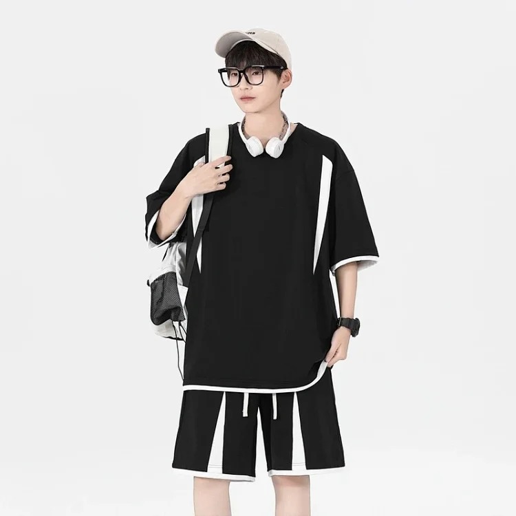 Summer loose short-sleeved men's T-shirt men's sports and leisure suit men's light luxury high-end handsome two-piece set