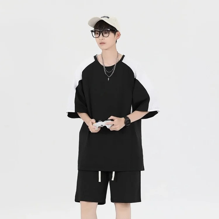 Summer loose short-sleeved men's T-shirt men's sports and leisure suit men's light luxury high-end handsome two-piece set