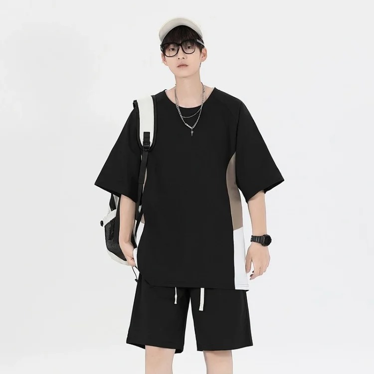 Summer loose short-sleeved men's T-shirt men's sports and leisure suit men's light luxury high-end handsome two-piece set