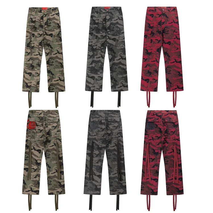 Camouflage work jeans washed and distressed loose ribbon straight camouflage shorts