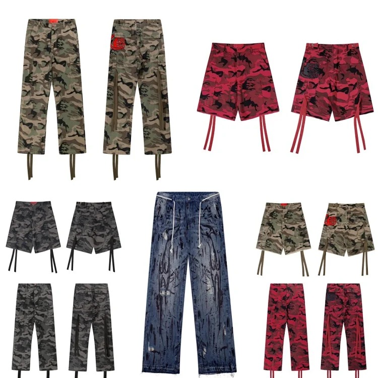 Camouflage work jeans washed and distressed loose ribbon straight camouflage shorts
