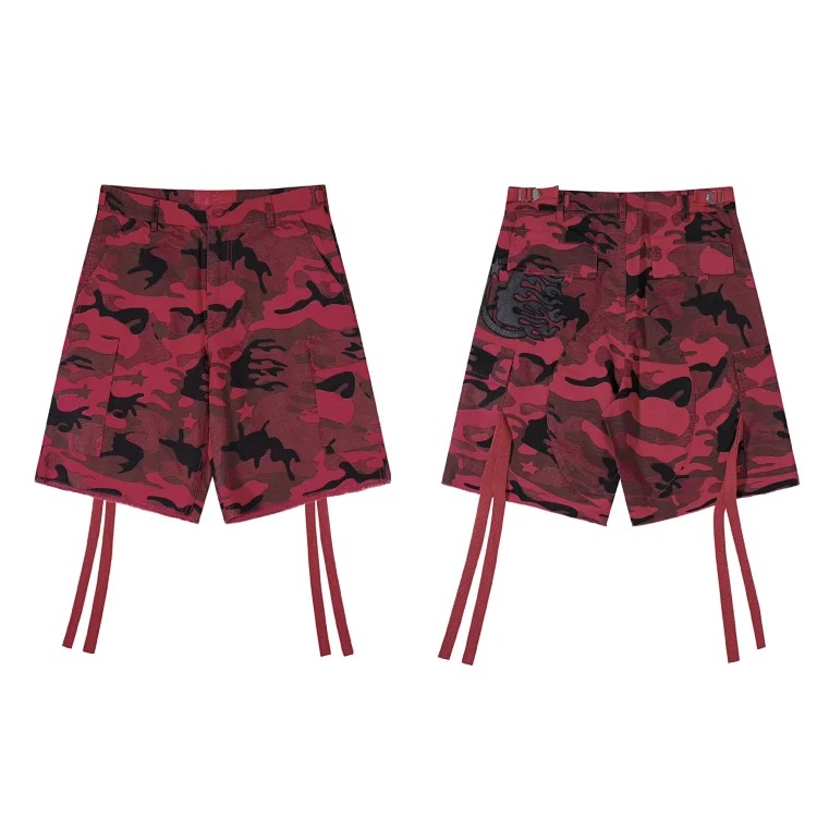 Camouflage work jeans washed and distressed loose ribbon straight camouflage shorts