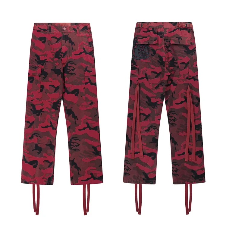 Camouflage work jeans washed and distressed loose ribbon straight camouflage shorts