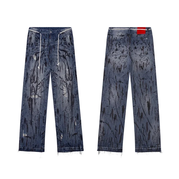 Camouflage work jeans washed and distressed loose ribbon straight camouflage shorts