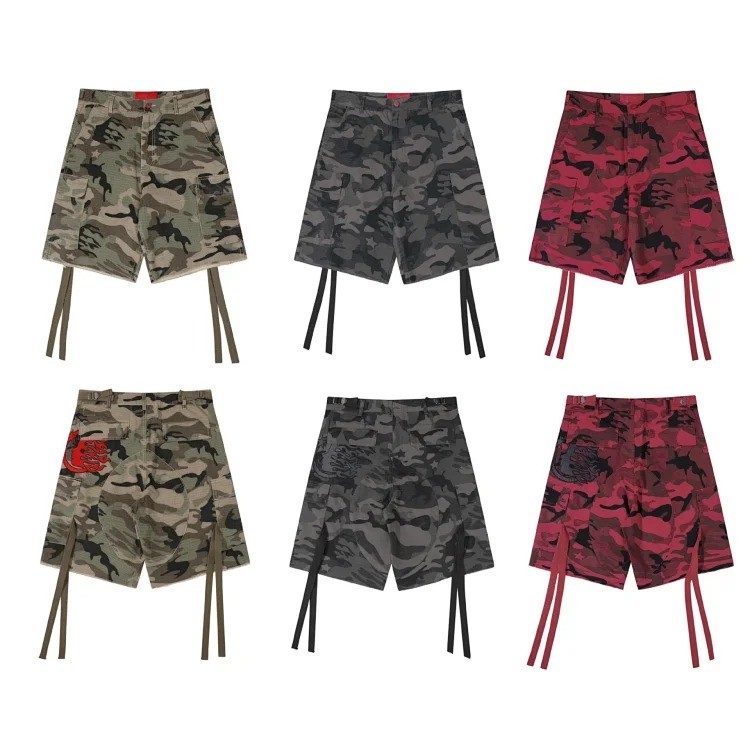 Camouflage work jeans washed and distressed loose ribbon straight camouflage shorts