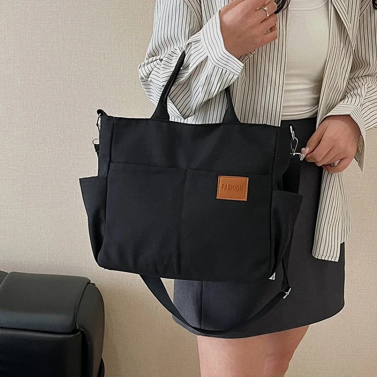 Japanese lightweight multi-layer portable shoulder bag waterproof casual commuting all-match tote bag solid color soft canvas bag for women