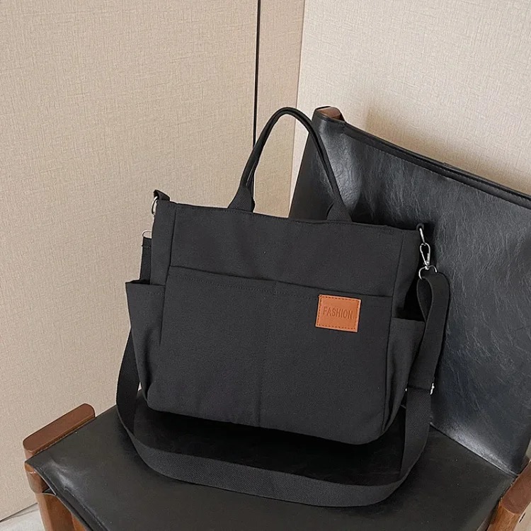 Japanese lightweight multi-layer portable shoulder bag waterproof casual commuting all-match tote bag solid color soft canvas bag for women