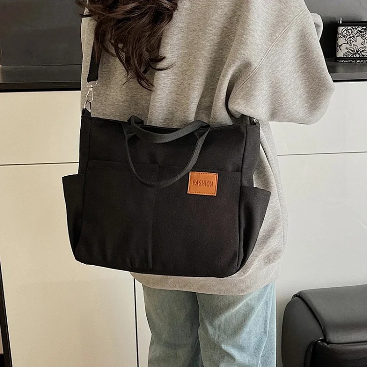 Japanese lightweight multi-layer portable shoulder bag waterproof casual commuting all-match tote bag solid color soft canvas bag for women