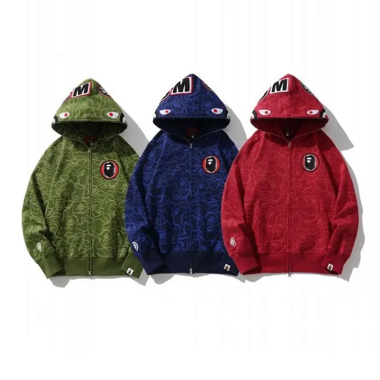 Cross-border foreign trade 30th anniversary camouflage shark head hooded sweatshirt men's cardigan zipper Japanese fashion brand velvet jacket