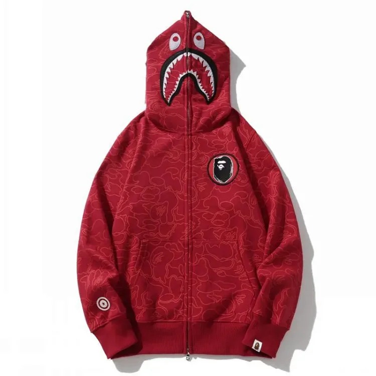 Cross-border foreign trade 30th anniversary camouflage shark head hooded sweatshirt men's cardigan zipper Japanese fashion brand velvet jacket