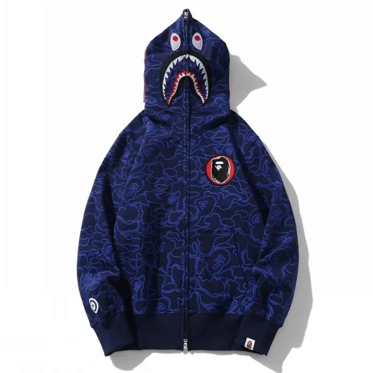 Cross-border foreign trade 30th anniversary camouflage shark head hooded sweatshirt men's cardigan zipper Japanese fashion brand velvet jacket