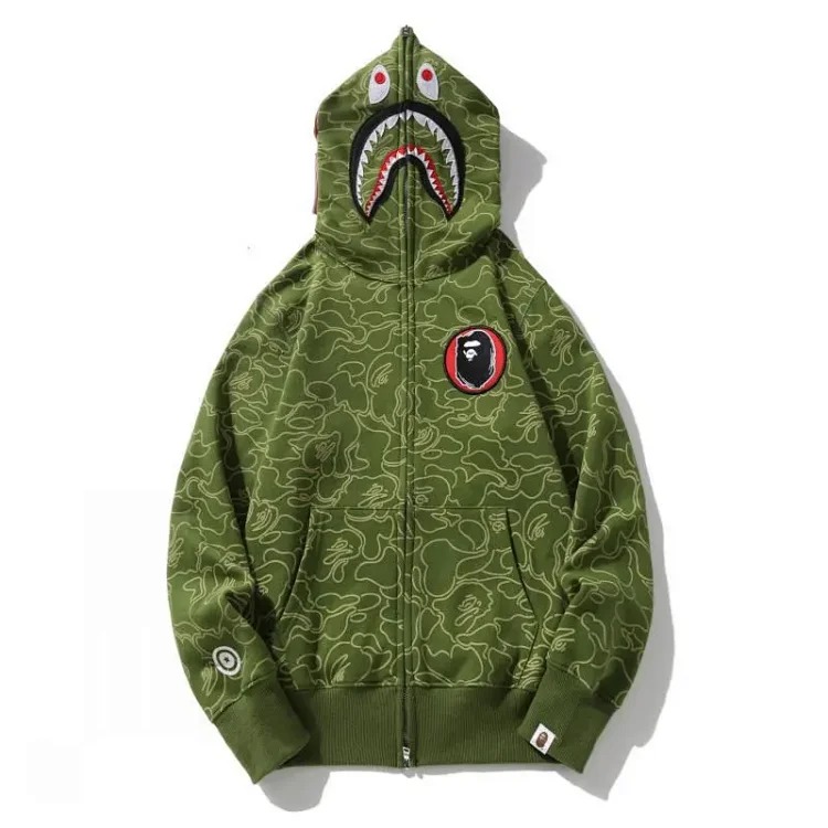 Cross-border foreign trade 30th anniversary camouflage shark head hooded sweatshirt men's cardigan zipper Japanese fashion brand velvet jacket