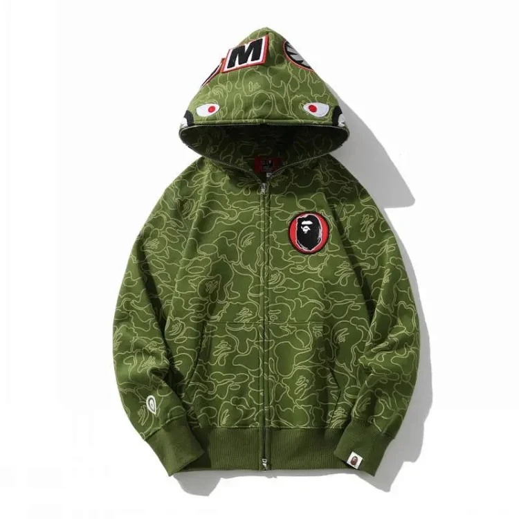 Cross-border foreign trade 30th anniversary camouflage shark head hooded sweatshirt men's cardigan zipper Japanese fashion brand velvet jacket