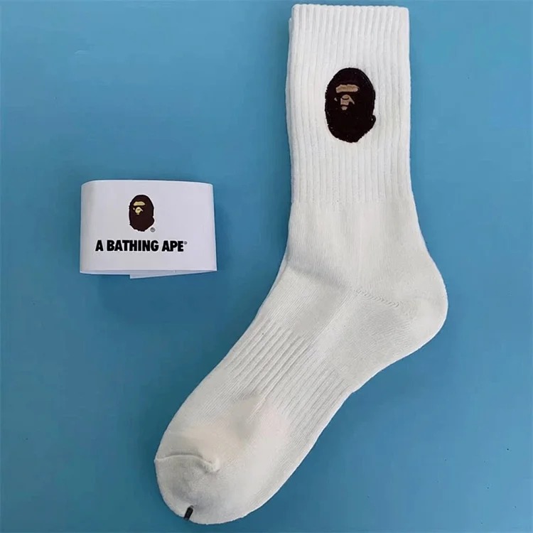 BAPE ape head socks for men and women with large embroidered logo, thickened towel bottom, black and white trendy sports socks image 2
