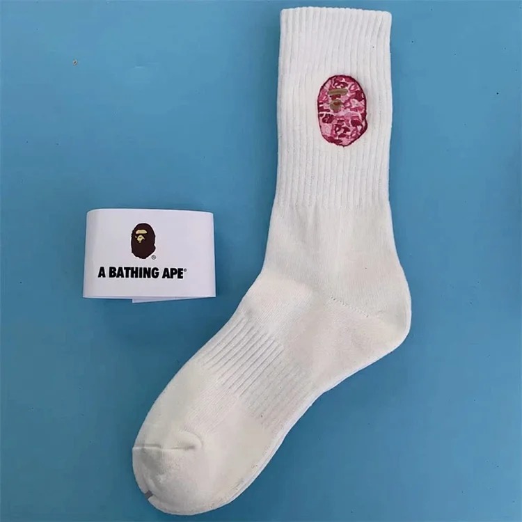 BAPE ape head socks for men and women with large embroidered logo, thickened towel bottom, black and white trendy sports socks image 6